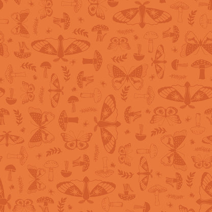 goth gardens fabric collection, this pattern featuring a repeating design of moths, mushrooms, small spiders, and sprigs on a norange background. The illustrations are in a light orange color, creating a contrasting and detailed pattern.