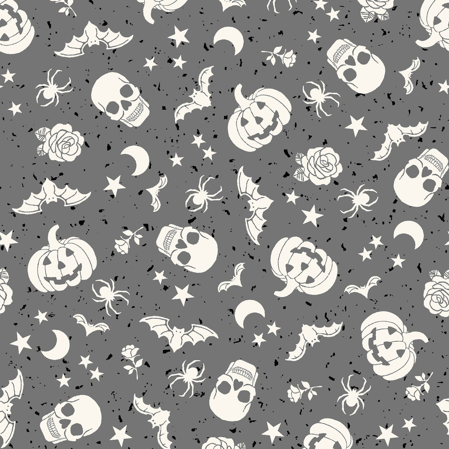 goth gardens fabric collection Halloween-themed pattern with white pumpkins, ghosts, bats and spiders on a gray background.