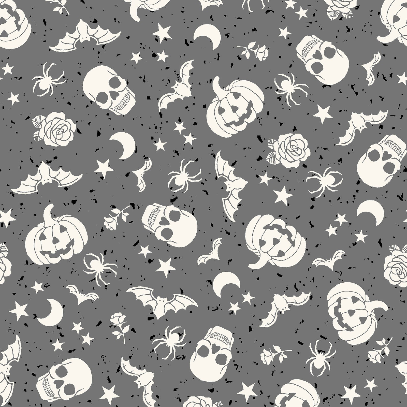 goth gardens fabric collection Halloween-themed pattern with white pumpkins, ghosts, bats and spiders on a gray background.