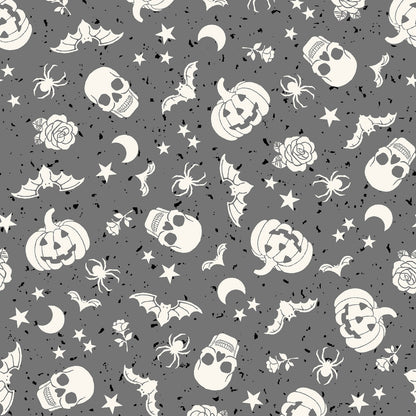 goth gardens fabric collection Halloween-themed pattern with white pumpkins, ghosts, bats and spiders on a gray background.