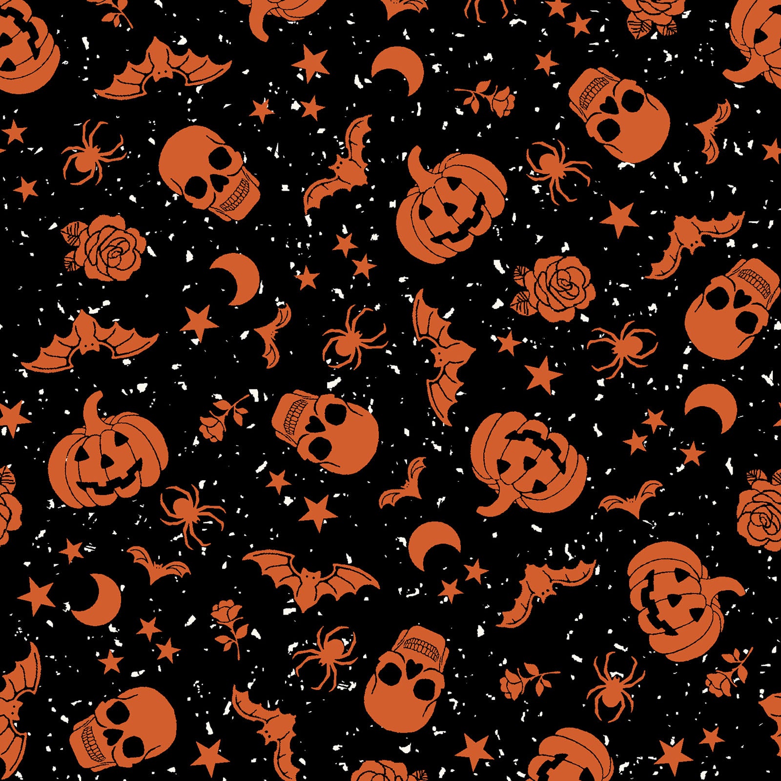 goth gardens fabric collection Halloween-themed pattern with orange pumpkins, ghosts, bats and spiders on a black background.