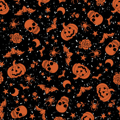 goth gardens fabric collection Halloween-themed pattern with orange pumpkins, ghosts, bats and spiders on a black background.