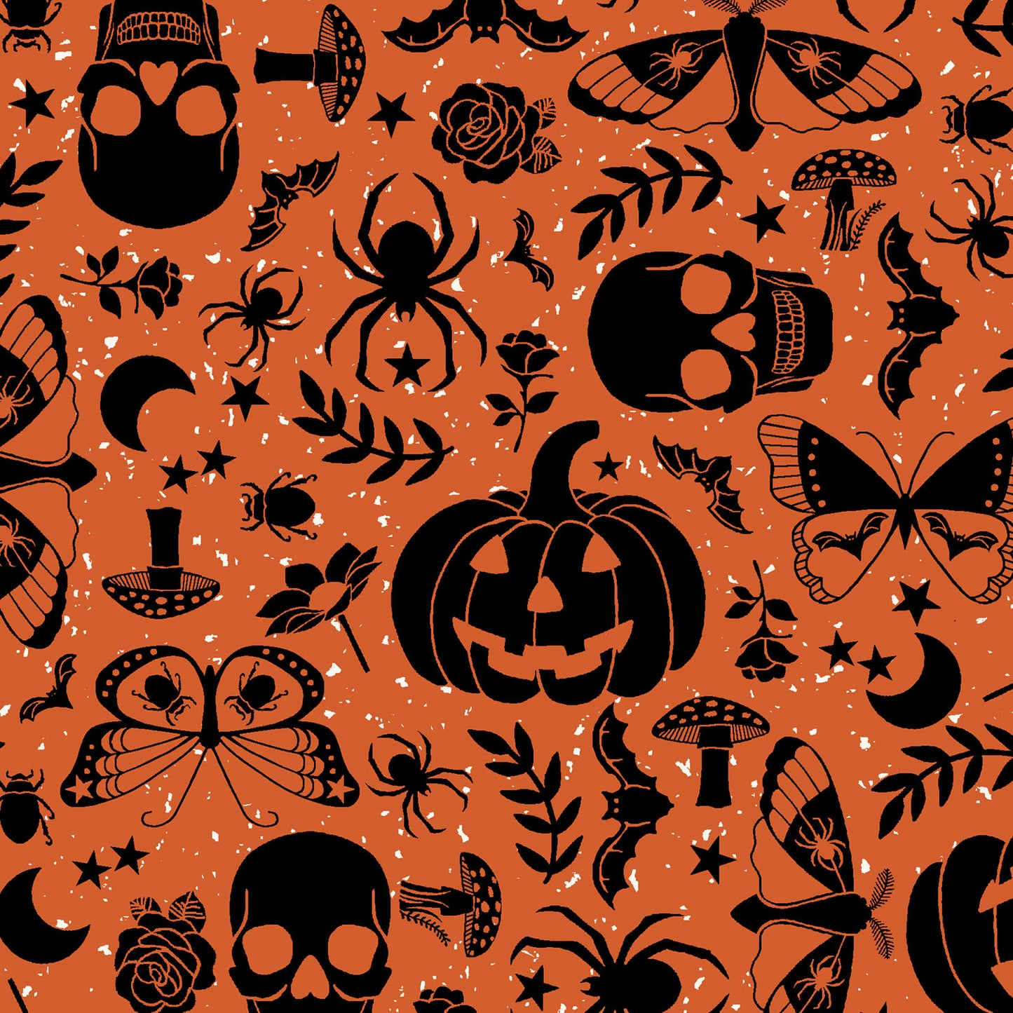 goth gardens cotton  fabric collection Halloween-themed pattern with skulls, pumpkins, spiders o and florals on an orange background.