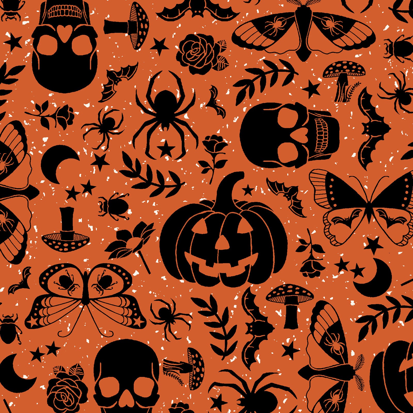 goth gardens cotton  fabric collection Halloween-themed pattern with skulls, pumpkins, spiders o and florals on an orange background.
