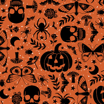 goth gardens cotton  fabric collection Halloween-themed pattern with skulls, pumpkins, spiders o and florals on an orange background.