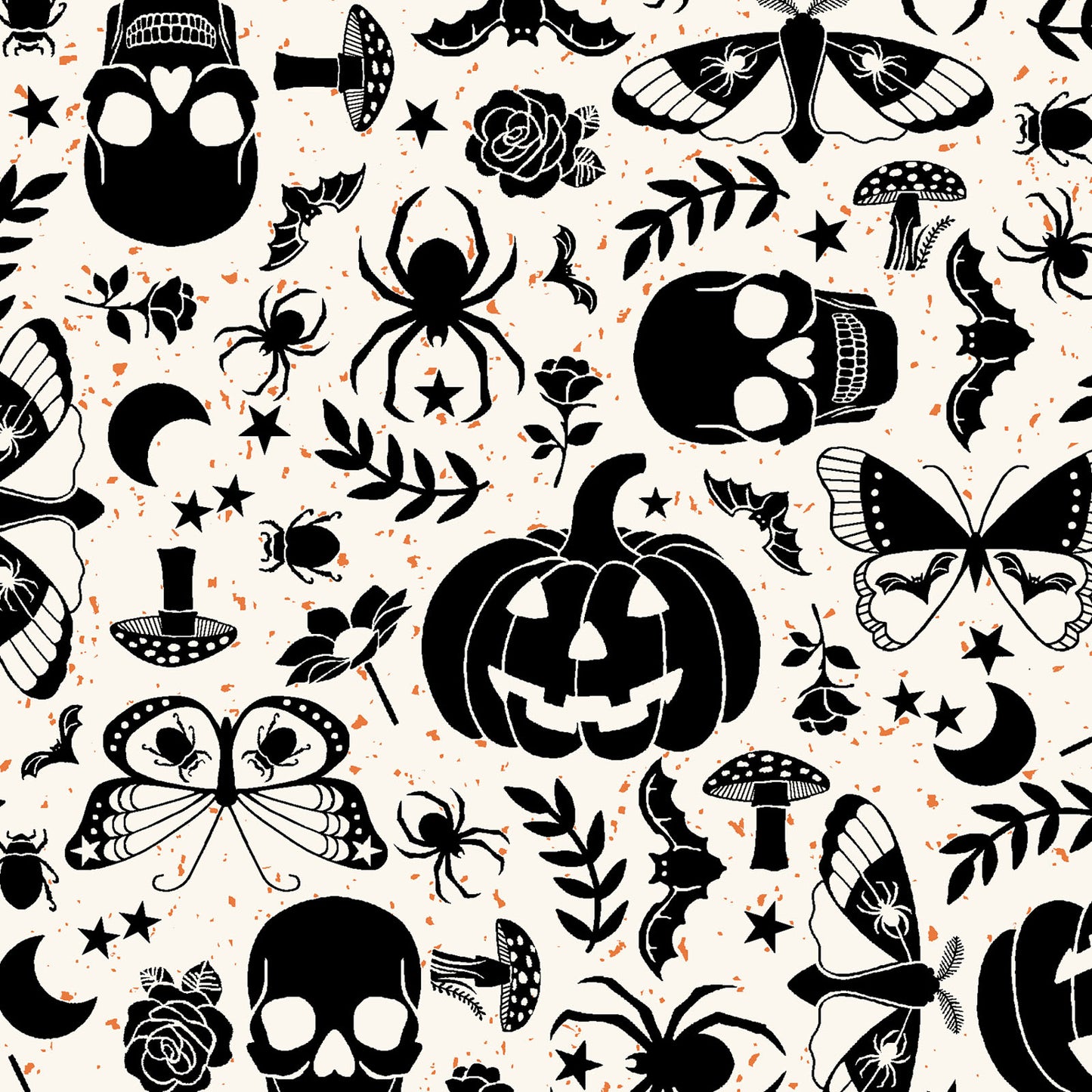 goth gardens cotton  fabric collection Halloween-themed pattern with skulls, pumpkins, spiders o and florals on a  white background.