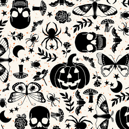 goth gardens cotton  fabric collection Halloween-themed pattern with skulls, pumpkins, spiders o and florals on a  white background.