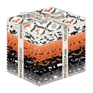 This fat quarter bundle from Goth Gardens 100% cotton fabric collection, a "hauntingly beautiful" Halloween-themed line by Maywood Studio. There are dark, botanical aesthetic that blend macabre elements with elegant garden motifs, palette is black, orange, white, and gray. Included are coordinated prints with Smiling skulls, haunted roses, jack-o'-lanterns, creeping critters, flying bats, and Goth Vines. Backgrounds feature flecked "blender" fabrics and star-and-moon patterns in multiple colorways