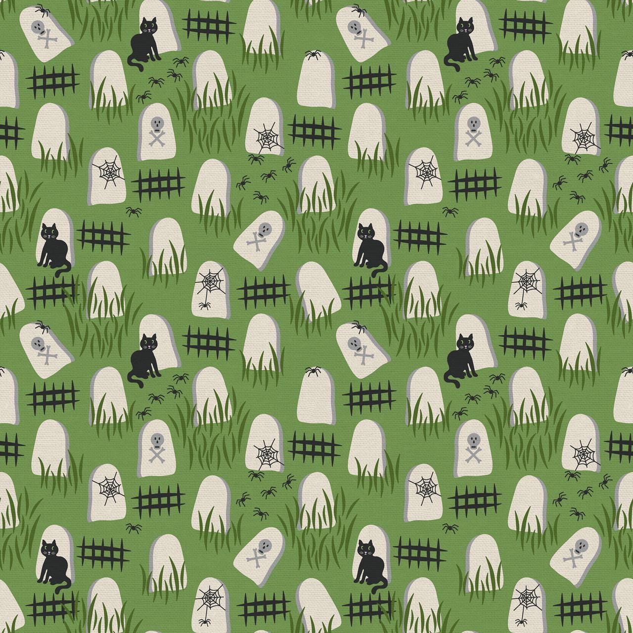 Tricks and Treat 100 cotton fabric collection, this pattern is Graveyard: A themed print depicting a spooky, yet friendly, graveyard scene with monsters.. The collection is designed in a style that is "spooky but sweet" and is printed on 100% premium cotton, making it suitable for quilts and crafty Halloween projects.