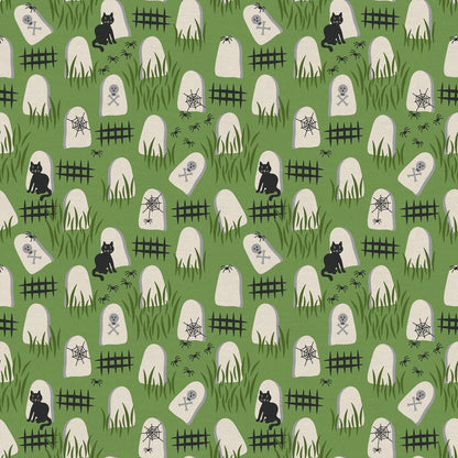 Tricks and Treat 100 cotton fabric collection, this pattern is Graveyard: A themed print depicting a spooky, yet friendly, graveyard scene with monsters.. The collection is designed in a style that is "spooky but sweet" and is printed on 100% premium cotton, making it suitable for quilts and crafty Halloween projects.