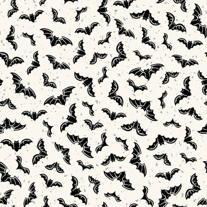 goth gardens fabric collection halloween Pattern of black bats on a white background
