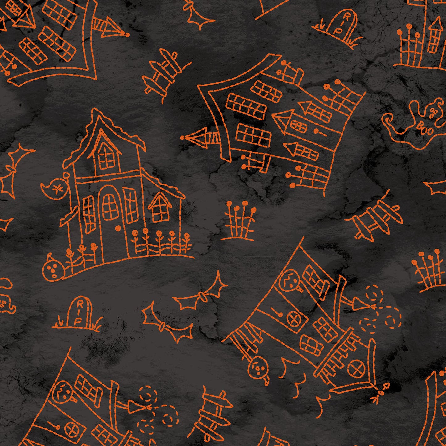 Image is the fabric pattern  Haunted House black: Features a whimsical, sketch-style haunted house with tombstones and ghosts, giving a hand-drawn feel from the Spooky Stitches Halloween Fabric collection Maywood Studios 100% cotton
