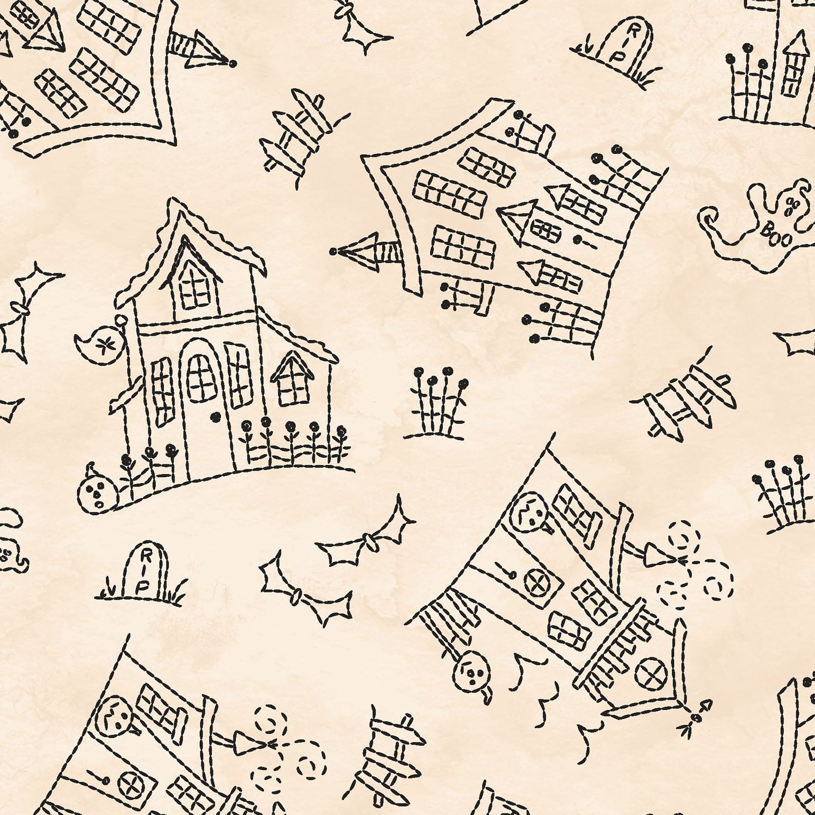 Image is the fabric pattern  Haunted House Cream: Features a whimsical, sketch-style haunted house with tombstones and ghosts, giving a hand-drawn feel from the Spooky Stitches Halloween Fabric collection Maywood Studios 100% cotton
