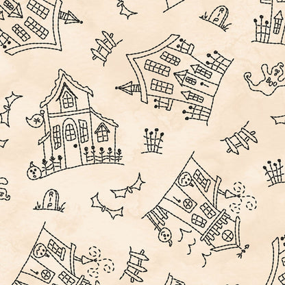 Image is the fabric pattern  Haunted House Cream: Features a whimsical, sketch-style haunted house with tombstones and ghosts, giving a hand-drawn feel from the Spooky Stitches Halloween Fabric collection Maywood Studios 100% cotton
