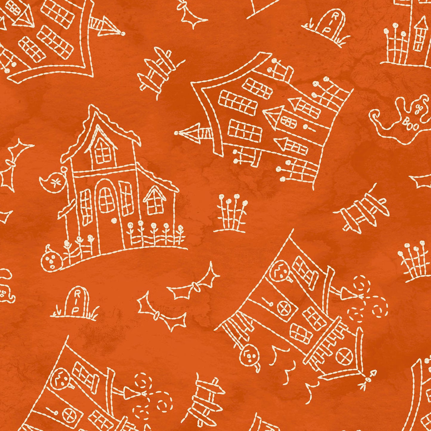 Image is the fabric pattern  Haunted House orange: Features a whimsical, sketch-style haunted house with tombstones and ghosts, giving a hand-drawn feel from the Spooky Stitches Halloween Fabric collection Maywood Studios 100% cotton