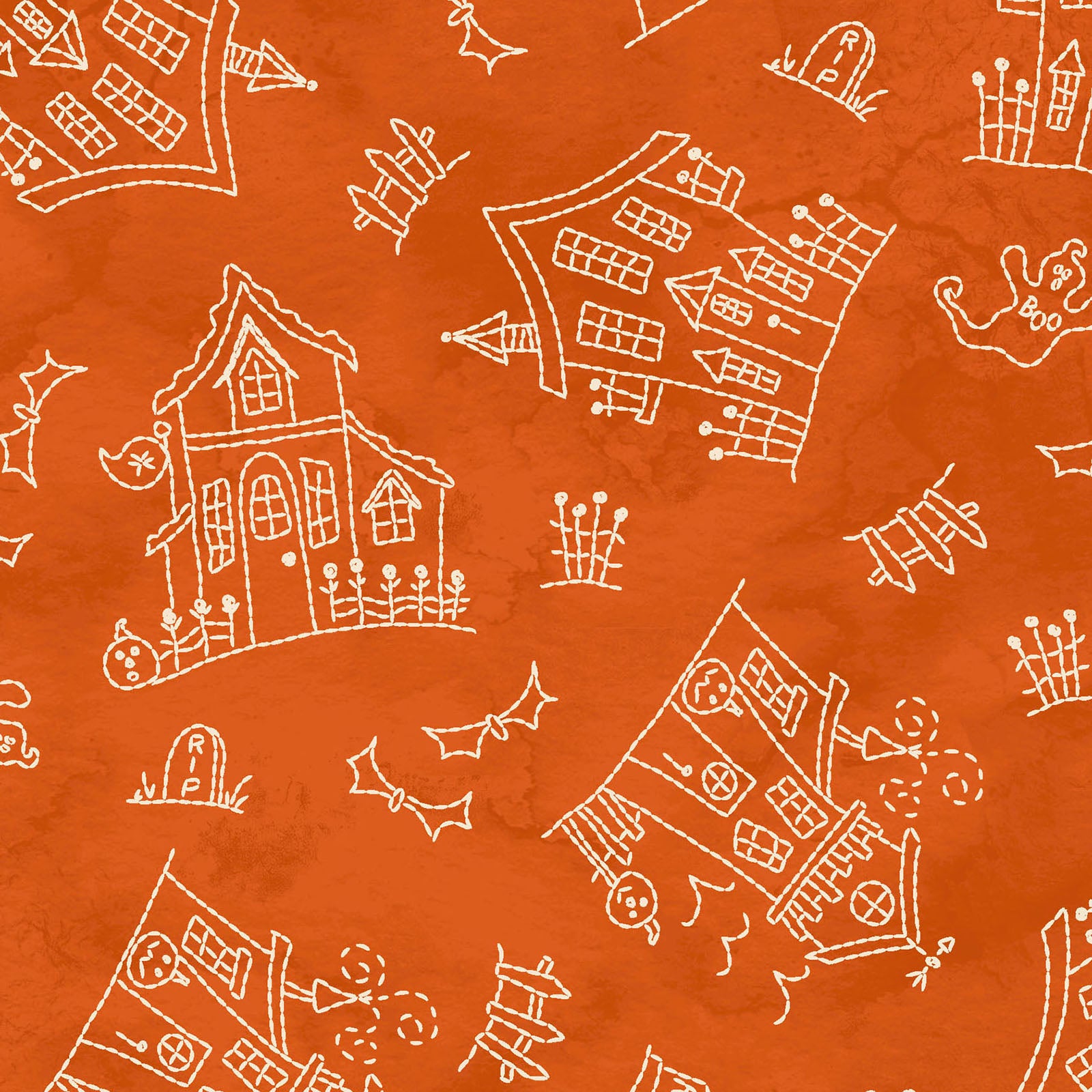 Image is the fabric pattern  Haunted House orange: Features a whimsical, sketch-style haunted house with tombstones and ghosts, giving a hand-drawn feel from the Spooky Stitches Halloween Fabric collection Maywood Studios 100% cotton
