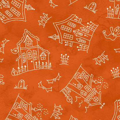 Image is the fabric pattern  Haunted House orange: Features a whimsical, sketch-style haunted house with tombstones and ghosts, giving a hand-drawn feel from the Spooky Stitches Halloween Fabric collection Maywood Studios 100% cotton