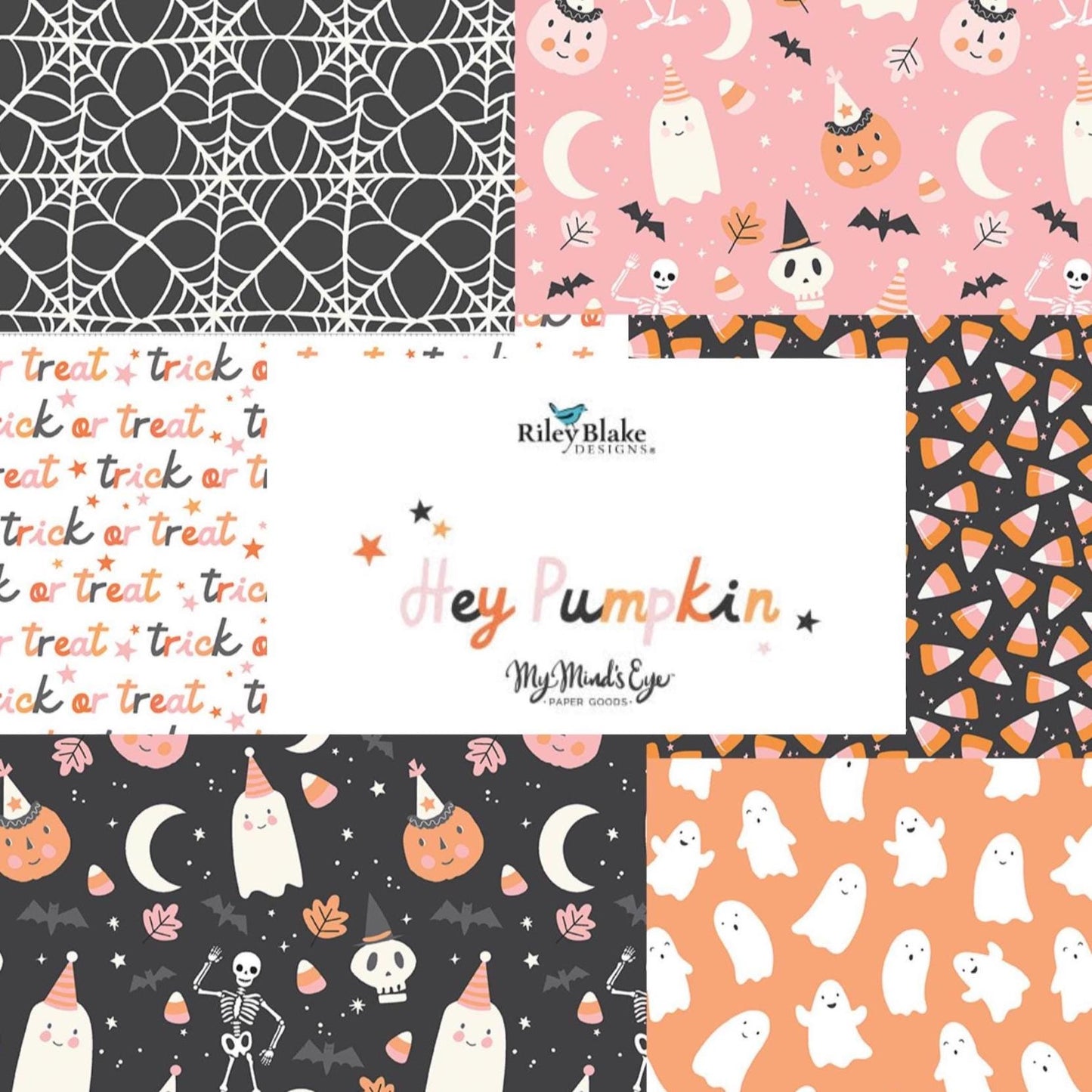 The Hey Pumpkin fabric collection by My Mind’s Eye for Riley Blake Designs is a whimsical and modern Halloween-themed line. It features a playful, "spooktacular" aesthetic that mixes traditional Halloween motifs with a non-traditional color palette of bright pinks, soft blushes, deep charcoals, white, and orange