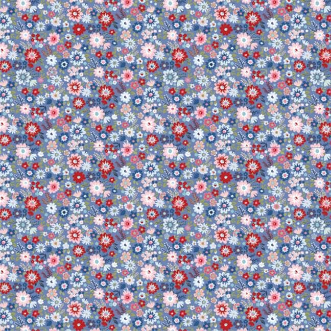 Hip Hip Hooray fabric collection hooray dark blue pattern is ditsy florals on a dark blue background. The flowers are tiny and tossed and will be fun coordinates for your projects.
