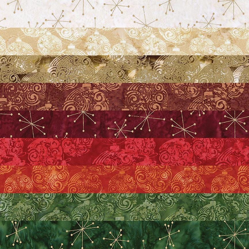 This holiday collection features unique, handcrafted batik prints ethically sourced and hand-dyed by master artisans in Indonesia. The Festive colorway highlights rich Christmas reds, deep greens, and warm accent tones embedded with shimmering metallic highlights. The designs feature swirling holiday baubles, starbursts, and intricate geometric/organic line work (such as the metallic circuit and star patterns) that catch the light, adding a sophisticated glimmer to seasonal quilts, tree skirts, table runner