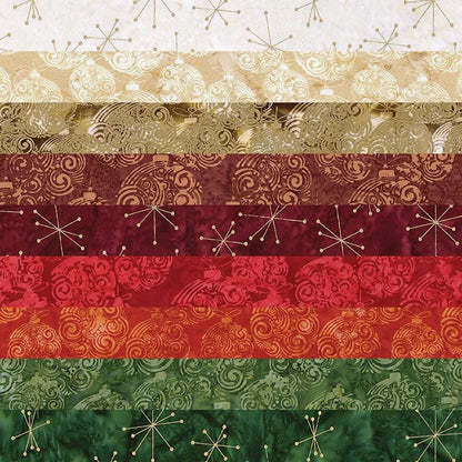 This holiday collection features unique, handcrafted batik prints ethically sourced and hand-dyed by master artisans in Indonesia. The Festive colorway highlights rich Christmas reds, deep greens, and warm accent tones embedded with shimmering metallic highlights. The designs feature swirling holiday baubles, starbursts, and intricate geometric/organic line work (such as the metallic circuit and star patterns) that catch the light, adding a sophisticated glimmer to seasonal quilts, tree skirts, table runner