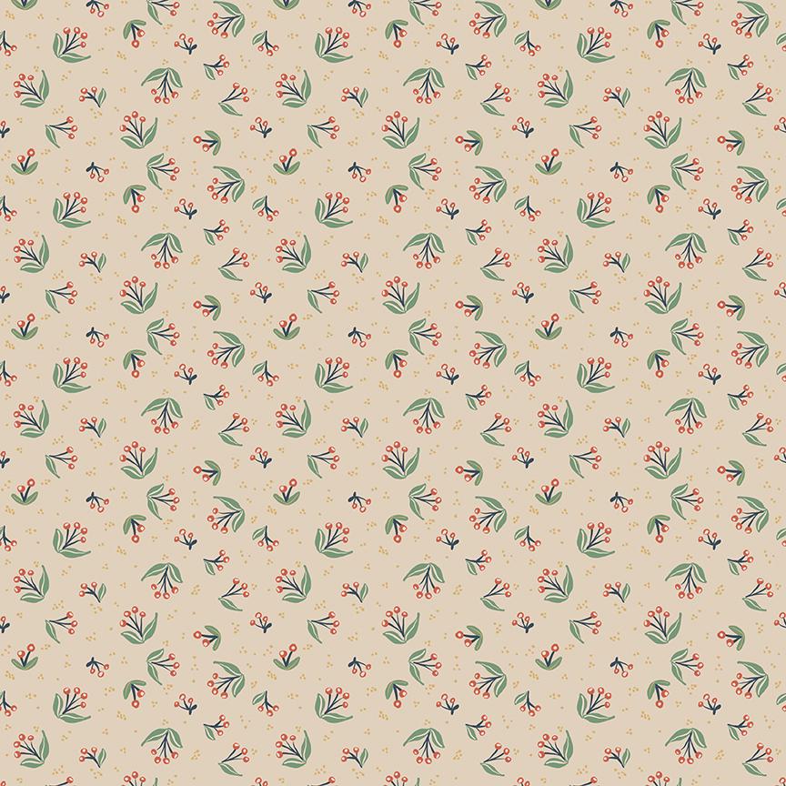 Fabric pattern Berry Branches latte : An elegant, nature-inspired print showcasing slender, climbing vines or stems dotted with dainty berries and small leaves from The Ivy Reese fabric collection by Deena Rutter for Riley Blake Designs celebrates cherished memories and warm, nature-inspired motifs. It features a nostalgic yet fresh mix of whimsical florals, geometric patterns, and classic styling.vvvv