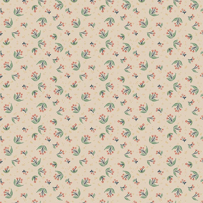 Fabric pattern Berry Branches latte : An elegant, nature-inspired print showcasing slender, climbing vines or stems dotted with dainty berries and small leaves from The Ivy Reese fabric collection by Deena Rutter for Riley Blake Designs celebrates cherished memories and warm, nature-inspired motifs. It features a nostalgic yet fresh mix of whimsical florals, geometric patterns, and classic styling.vvvv