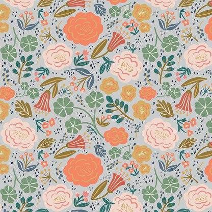 Fabric pattern Main Floral dusk : A painterly, tossed floral print featuring blooming roses, delicate buds, and full leaves from The Ivy Reese fabric collection by Deena Rutter for Riley Blake Designs celebrates cherished memories and warm, nature-inspired motifs. It features a nostalgic yet fresh mix of whimsical florals, geometric patterns, and classic styling.