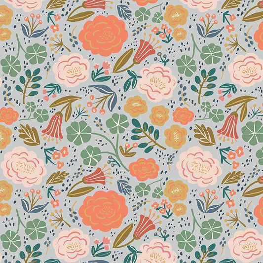 Fabric pattern Main Floral dusk : A painterly, tossed floral print featuring blooming roses, delicate buds, and full leaves from The Ivy Reese fabric collection by Deena Rutter for Riley Blake Designs celebrates cherished memories and warm, nature-inspired motifs. It features a nostalgic yet fresh mix of whimsical florals, geometric patterns, and classic styling.