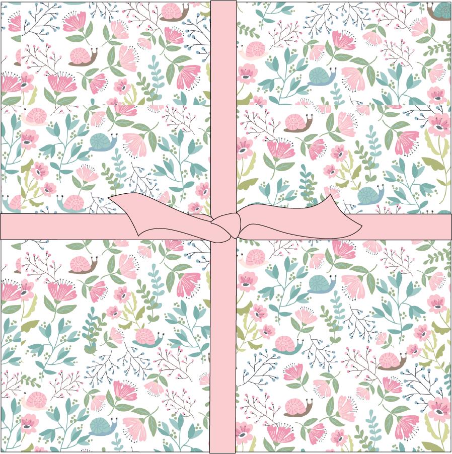 10"Precut Squares pack from fabric collection Le Petit Escargot by Lori Woods for Poppie Cotton which  is a storybook-themed collection featuring a charming, romantic aesthetic with soft florals, whimsical snails, and delicate geometric prints in shades of pink, teal, blue, lilac, green, and grey. The collection consists of 7 main designs across 3 colorways, including a "cheater panel".