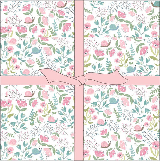 10"Precut Squares pack from fabric collection Le Petit Escargot by Lori Woods for Poppie Cotton which  is a storybook-themed collection featuring a charming, romantic aesthetic with soft florals, whimsical snails, and delicate geometric prints in shades of pink, teal, blue, lilac, green, and grey. The collection consists of 7 main designs across 3 colorways, including a "cheater panel".