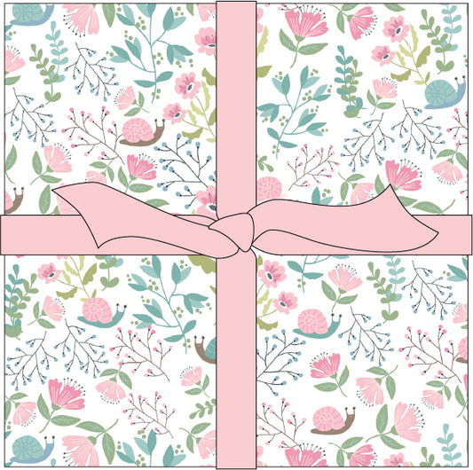 Le Petite Escargot 5" Charm packs from Poppie Cotton. Take a leisurely stroll through a dreamy garden with Le Petit Escargot, a soft and playful fabric collection. With a charming mix of a florals, patterns, and curious snails; this collection captures the quiet magic of slow, simple moments. Perfect for quilts, fun projects, nursery décor, and anyone who appreciates a gentle, storybook aesthetic. Le Petit Escargot is a sweet reminder to slow down and savor the beauty in every stitch.