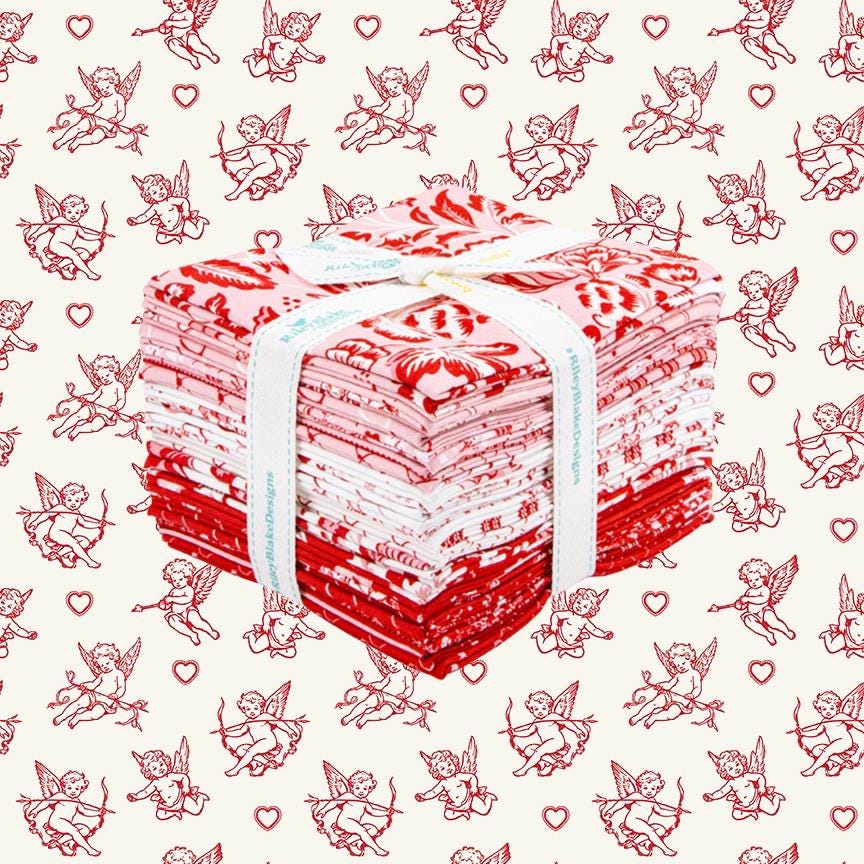 A fat quarter bundle of Letters to Cupid fabric collection,  a romantic, Valentine-themed line designed by My Mind's Eye for Riley Blake Designs. The collection features a classic color palette of cream, red, and blush pink, with motifs including fluttering cupids, delicate florals, love birds, timeless stripes, and playful X’s and O’s