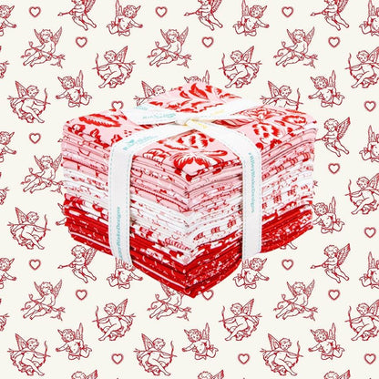 A fat quarter bundle of Letters to Cupid fabric collection,  a romantic, Valentine-themed line designed by My Mind's Eye for Riley Blake Designs. The collection features a classic color palette of cream, red, and blush pink, with motifs including fluttering cupids, delicate florals, love birds, timeless stripes, and playful X’s and O’s