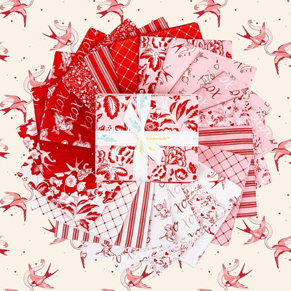 A fat quarter bundle of Letters to Cupid fabric collection,  a romantic, Valentine-themed line designed by My Mind's Eye for Riley Blake Designs. The collection features a classic color palette of cream, red, and blush pink, with motifs including fluttering cupids, delicate florals, love birds, timeless stripes, and playful X’s and O’s