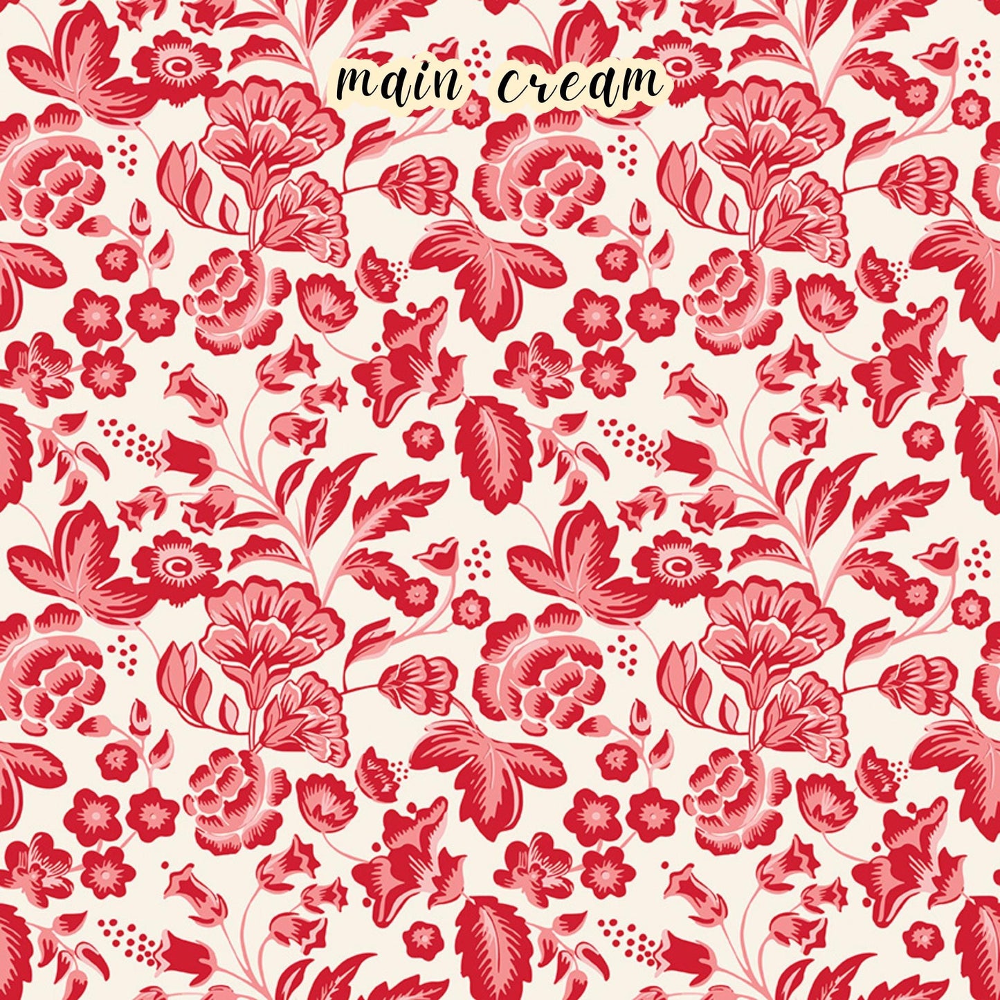 fabric collection Letters to Cupid,100% cotton,. the Main Cream pattern is one of the signature prints featuring an allover romantic red floral pattern on a white background