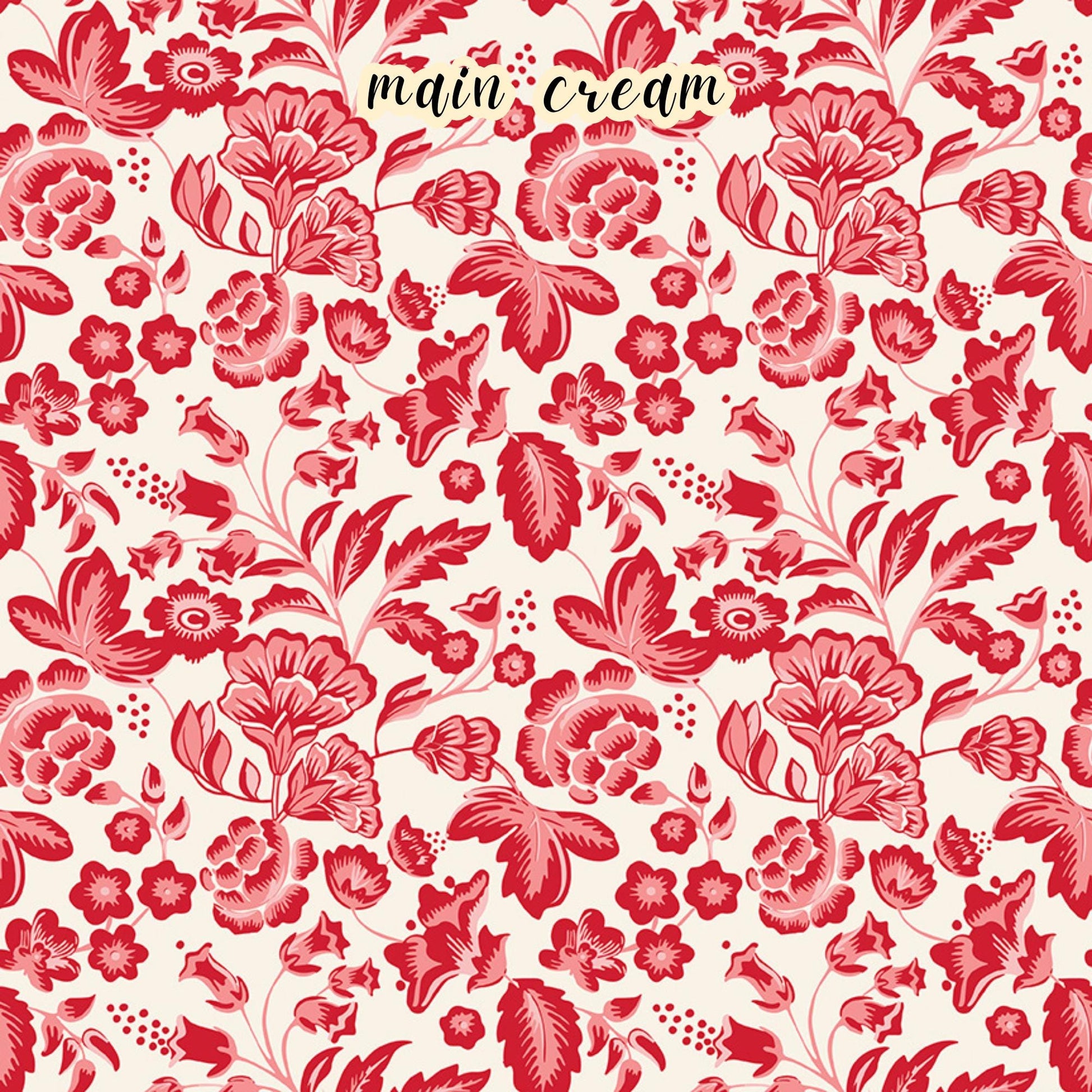 fabric collection Letters to Cupid,100% cotton,. the Main Cream pattern is one of the signature prints featuring an allover romantic red floral pattern on a white background