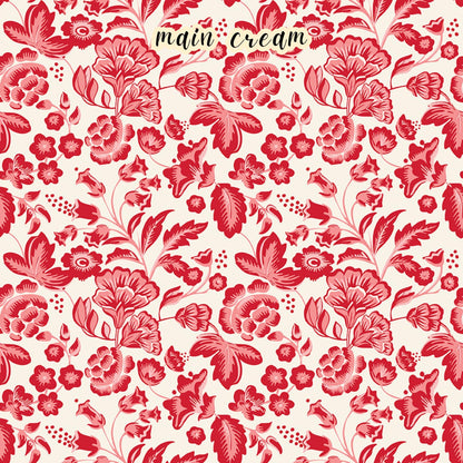 fabric collection Letters to Cupid,100% cotton,. the Main Cream pattern is one of the signature prints featuring an allover romantic red floral pattern on a white background