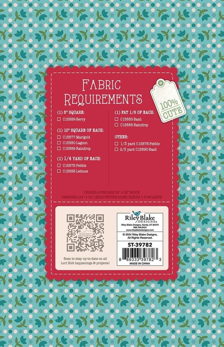 The Piece & Plenty Quilt Seeds™ Patterns by Lori Holt is a pattern series for 4 different basket quilt blocks filed with bright flowers. Each one  has instructions to make 1 block, just add fabric. No templates are required. Each block finishes at 24" x 30" and uses traditional piecing techniques. Collect all 4 of these beautiful seed packets in their keepsake packaging. Optional quilt finishing instructions will be included in each packet. Seed packet size is approximately 6 1/2" x 9 1/2".