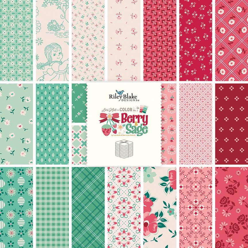fabric collection by Lori Holt of Bee in My Bonnet for Riley Blake Designs is a vintage-inspired line characterized by a color palette of coral, tea rose, cherry, alpine, latte, and sage. The collection features a mix of delicate florals, calicos, geometrics, and plaids
