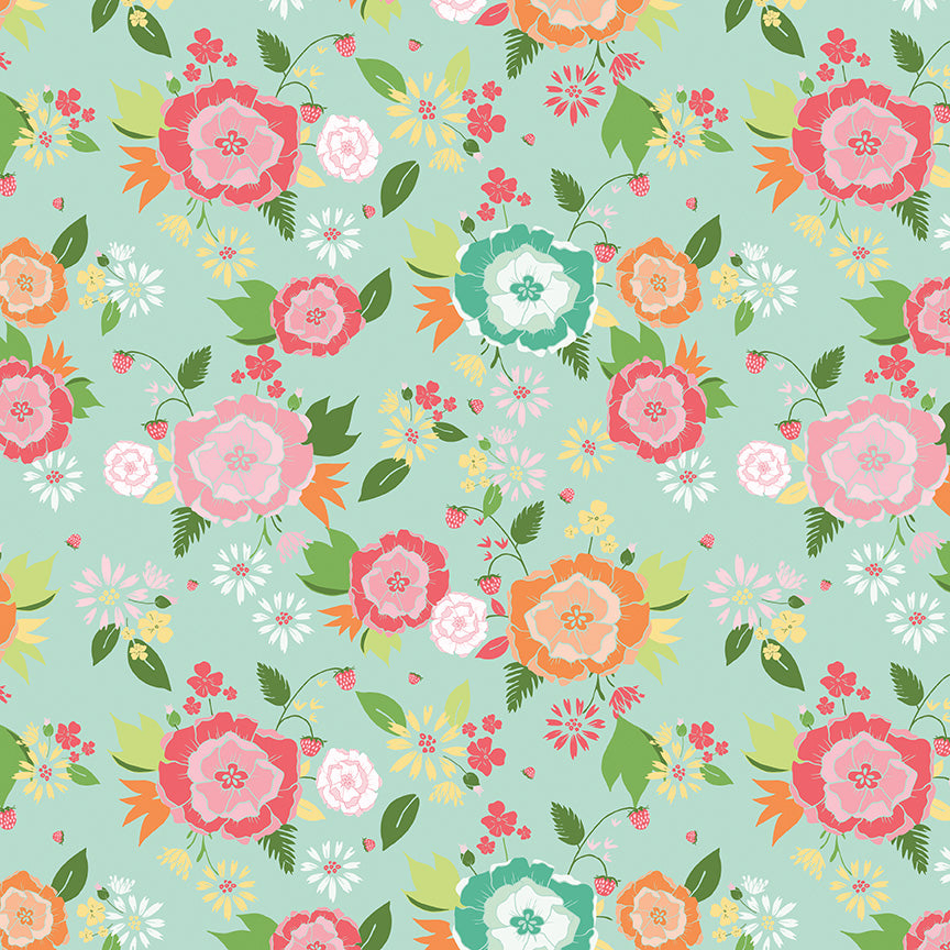 Fabric Pattern Main, backgrounds  White & Aqua are The signature print of the collection, featuring a delightful, whimsical summer posies and sprawling flowers. The Summer Skies and Fireflies Collection by Gracey Larson for Riley Blake Designs is inspired by nostalgic, warm summer evenings. The fabric line captures the charm of twinkling stars, picnic lunches, and fireflies dancing at dusk 