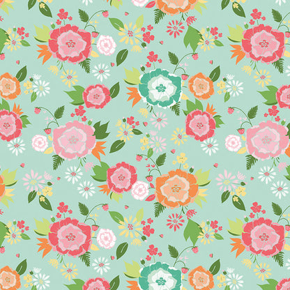 Fabric Pattern Main, backgrounds  White & Aqua are The signature print of the collection, featuring a delightful, whimsical summer posies and sprawling flowers. The Summer Skies and Fireflies Collection by Gracey Larson for Riley Blake Designs is inspired by nostalgic, warm summer evenings. The fabric line captures the charm of twinkling stars, picnic lunches, and fireflies dancing at dusk 