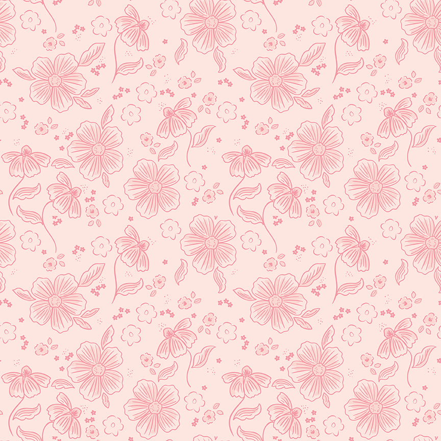 This main blush pattern from The Sweet Pink collection by My Mind’s Eye for Riley Blake Designs is one of  3 main floral patterns in the collection. These are the focal prints of the collection, featuring large, lush blooming florals that capture a romantic, vintage-inspired aesthetic. This image is the blush colored background
