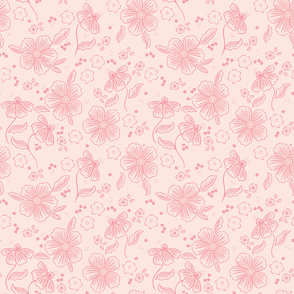 This main blush pattern from The Sweet Pink collection by My Mind’s Eye for Riley Blake Designs is one of  3 main floral patterns in the collection. These are the focal prints of the collection, featuring large, lush blooming florals that capture a romantic, vintage-inspired aesthetic. This image is the blush colored background
