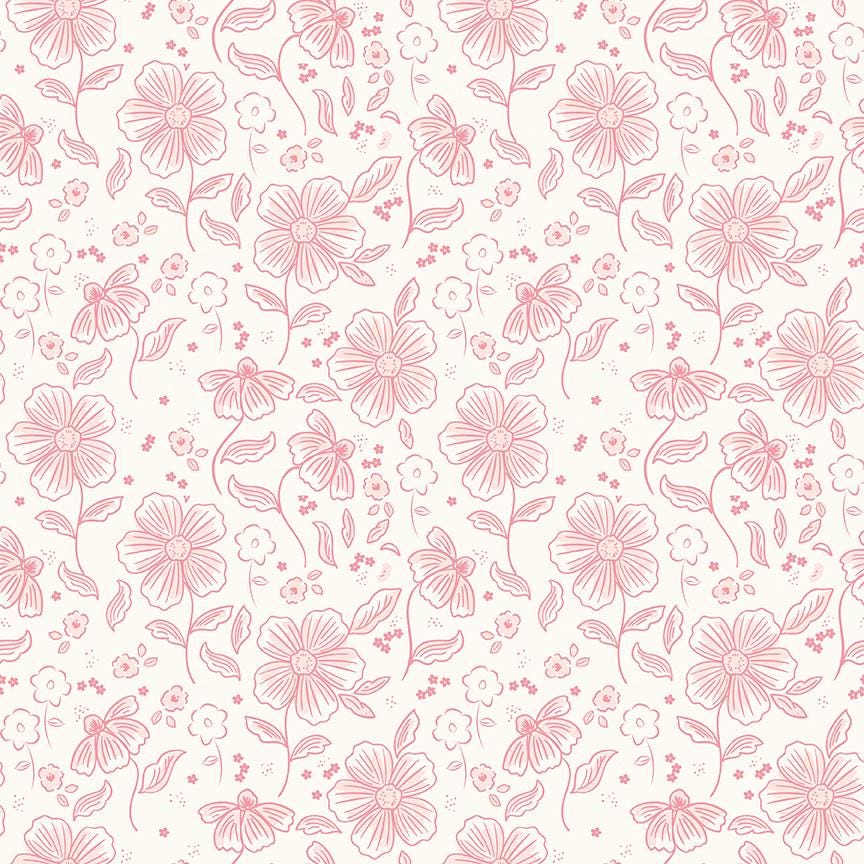 This main cream pattern from The Sweet Pink collection by My Mind’s Eye for Riley Blake Designs is one of  3 main floral patterns in the collection. These are the focal prints of the collection, featuring large, lush blooming florals that capture a romantic, vintage-inspired aesthetic. This image is the cream colored background 
Main Pink (C17410-PINK)