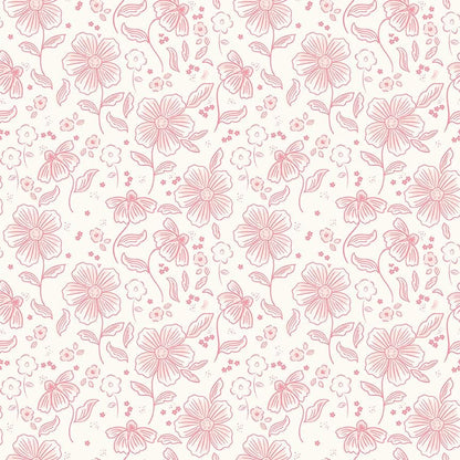 This main cream pattern from The Sweet Pink collection by My Mind’s Eye for Riley Blake Designs is one of  3 main floral patterns in the collection. These are the focal prints of the collection, featuring large, lush blooming florals that capture a romantic, vintage-inspired aesthetic. This image is the cream colored background 
Main Pink (C17410-PINK)