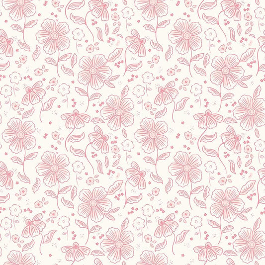 This main cream pattern from The Sweet Pink collection by My Mind’s Eye for Riley Blake Designs is one of  3 main floral patterns in the collection. These are the focal prints of the collection, featuring large, lush blooming florals that capture a romantic, vintage-inspired aesthetic. This image is the cream colored background 
Main Pink (C17410-PINK)