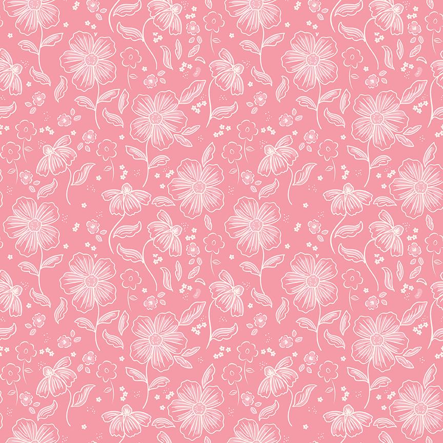 This main pink pattern from The Sweet Pink collection by My Mind’s Eye for Riley Blake Designs is one of  3 main floral patterns in the collection. These are the focal prints of the collection, featuring large, lush blooming florals that capture a romantic, vintage-inspired aesthetic. This image is the cream colored background 
Main Pink (C17410-PINK)