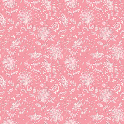 This main pink pattern from The Sweet Pink collection by My Mind’s Eye for Riley Blake Designs is one of  3 main floral patterns in the collection. These are the focal prints of the collection, featuring large, lush blooming florals that capture a romantic, vintage-inspired aesthetic. This image is the cream colored background 
Main Pink (C17410-PINK)
