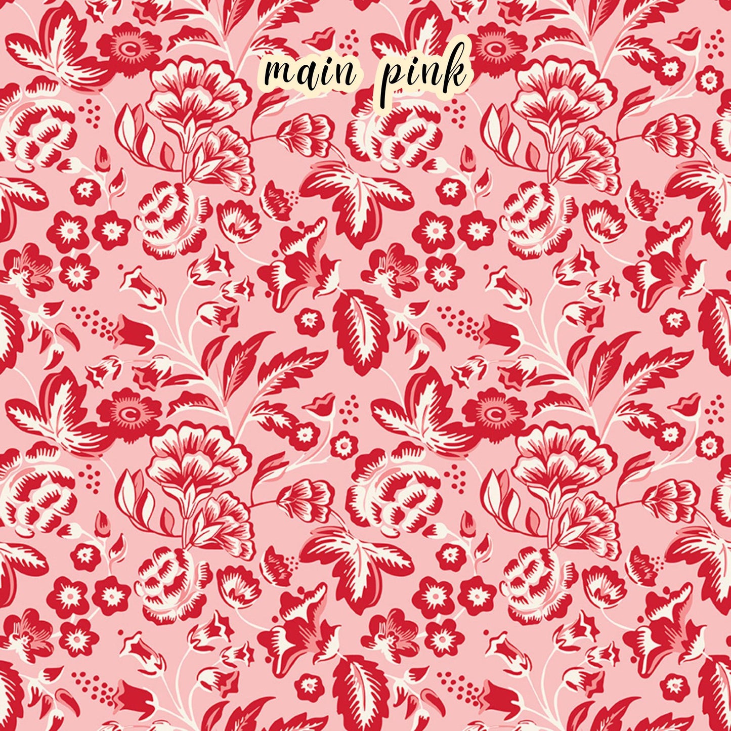 fabric collection Letters to Cupid,100% cotton,. the Main pink pattern is one of the signature prints featuring an allover romantic red and white floral pattern on a pink background